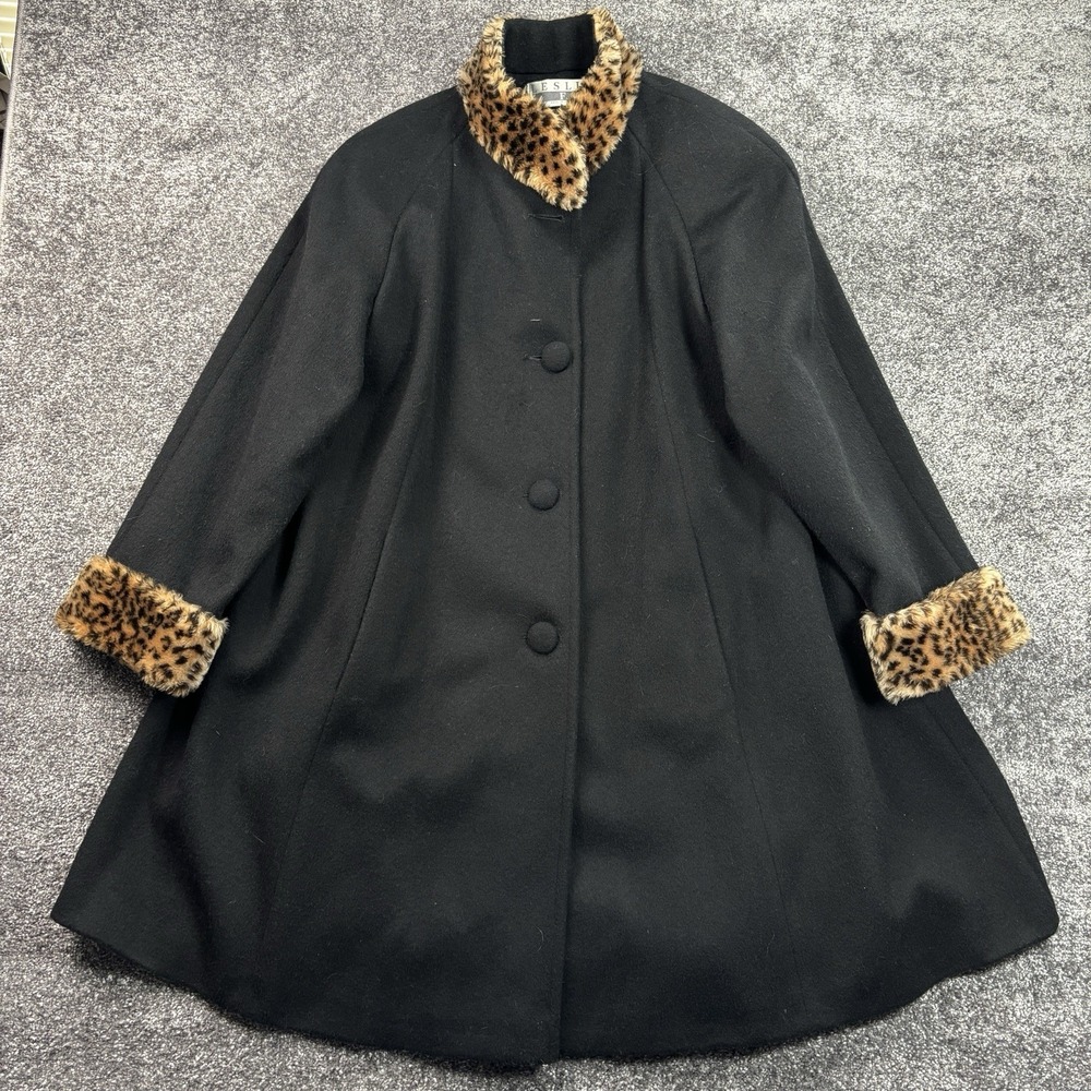 Vintage Leslie Fay Swing Overcoat Women 10 Black Wool Leopard Cheetah Faux Fur